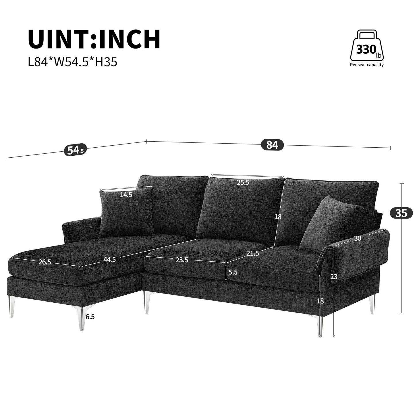 Melysen 84 "Modern Chenille L-Shaped Sofa with Reversible Lounge,Convertible Sectional Couch Set,4 Seat Indoor Furniture with Reversible Chaise,Fit for Living Room, Apartment(2 Pillows)