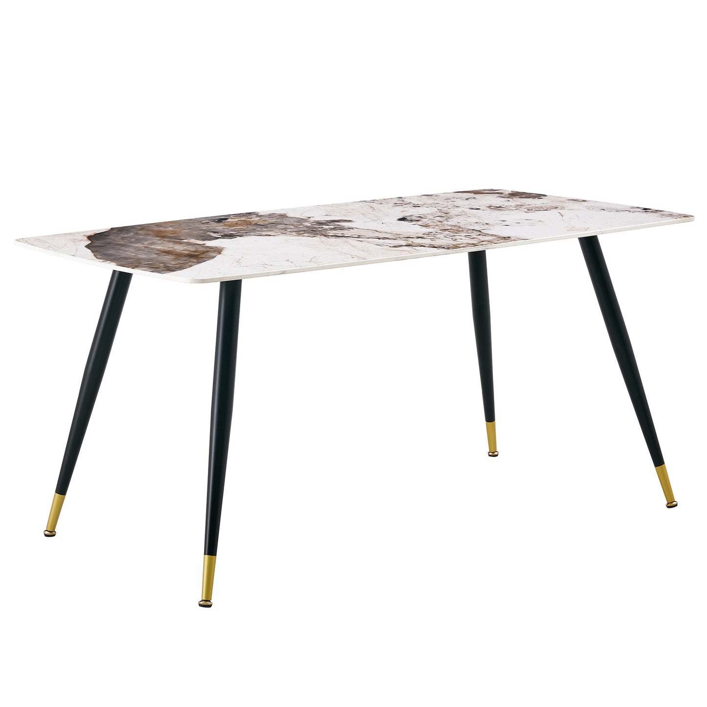 Melysen Modern Minimalist Dining Table. Imitation Marble Patterned Stone Burning Tabletop with Black Metal Legs.Modern Dining Chair with Pu Artificial Leather Backrest Cushion and Black Metal Legs.007