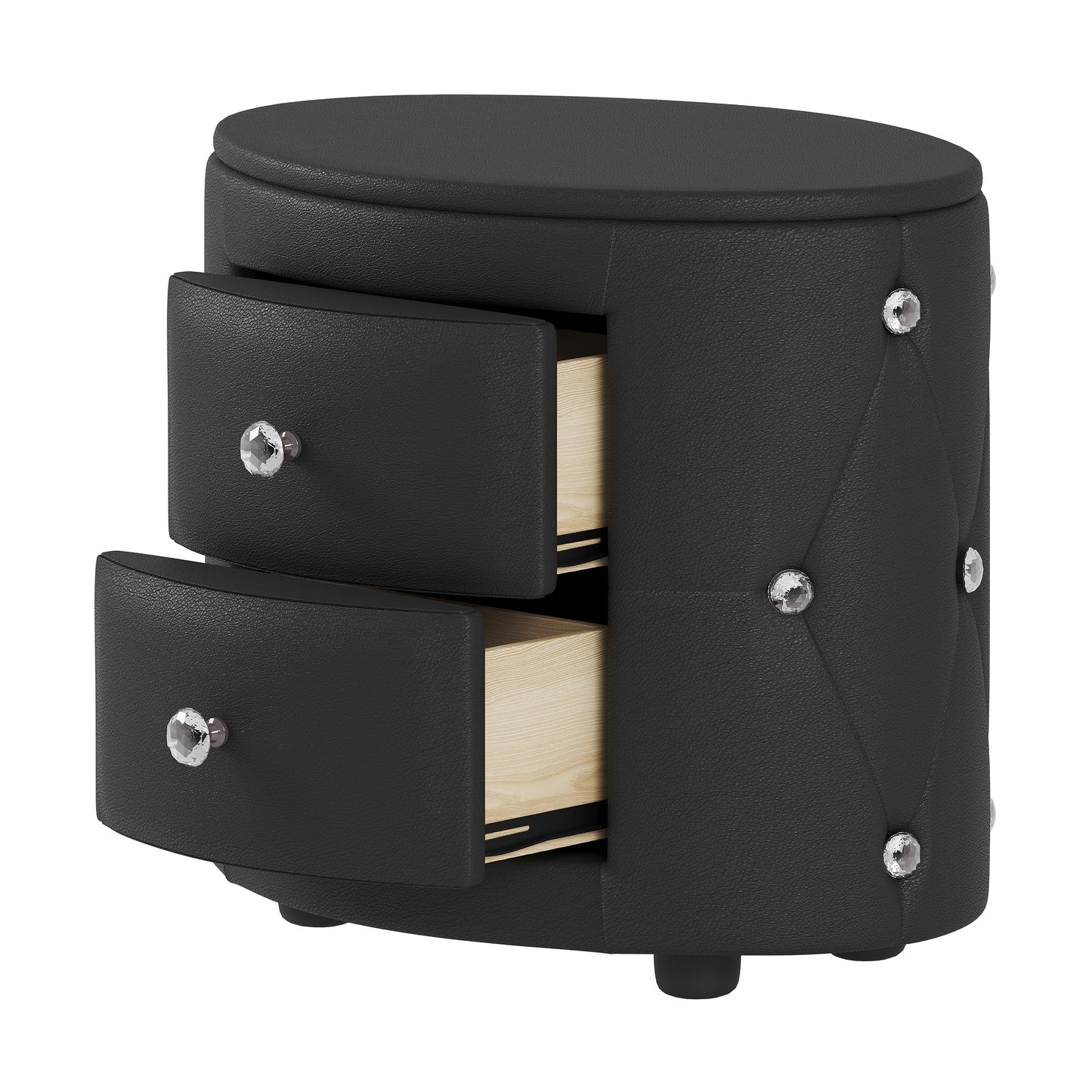 Melysen Elegant PU Nightstand with 2 Drawers and Crystal Handle,Fully Assembled Except Legs&Handles,Storage Bedside Table,Black