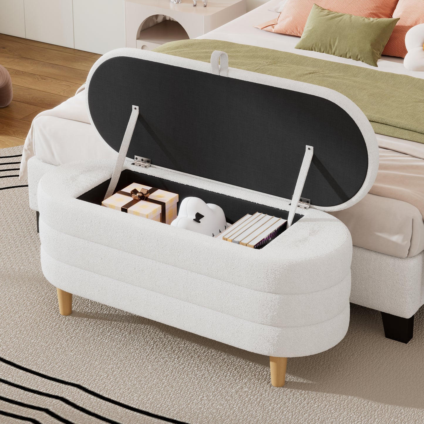 Melysen Elegant Upholstered Sherpa Fabric  Storage Ottoman with Wood Legs, Storage Bench for Bedroom, Living Room