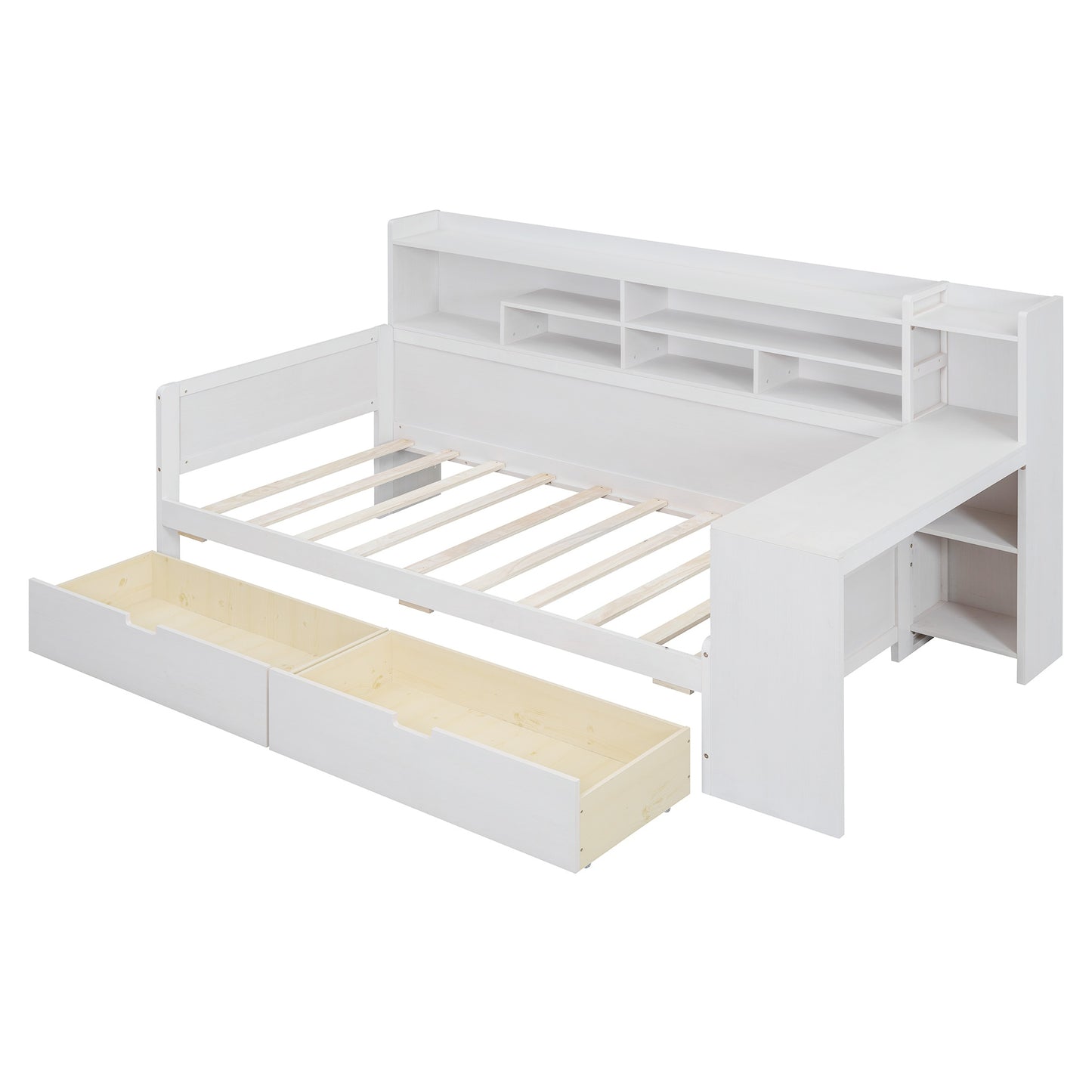 Melysen Wooden Twin Size Daybed with Storage Shelves, Multi-functional Bed with Two Storage Drawers and  Study Desk