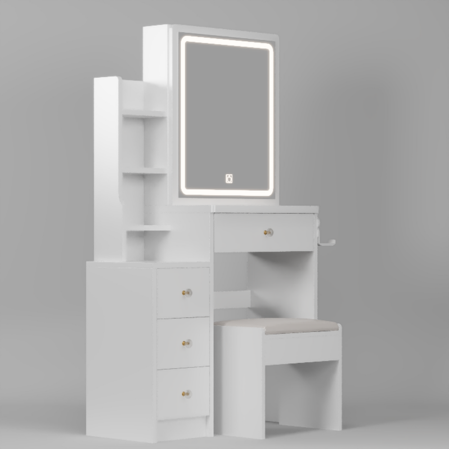 Melysen Left Bedside Cabinet Vanity Table + Cushioned Stool, With 2 AC + 2 USB Socket, Extra Large Sliding LED Mirror, Touch Control, Tri-color, Brightness Adjustable, Multi Layer, High Capacity Storage,White