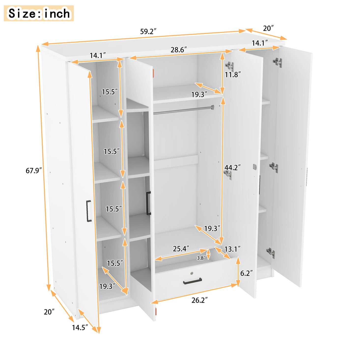 Melysen 4-Door Mirror Wardrobe with shelves, White