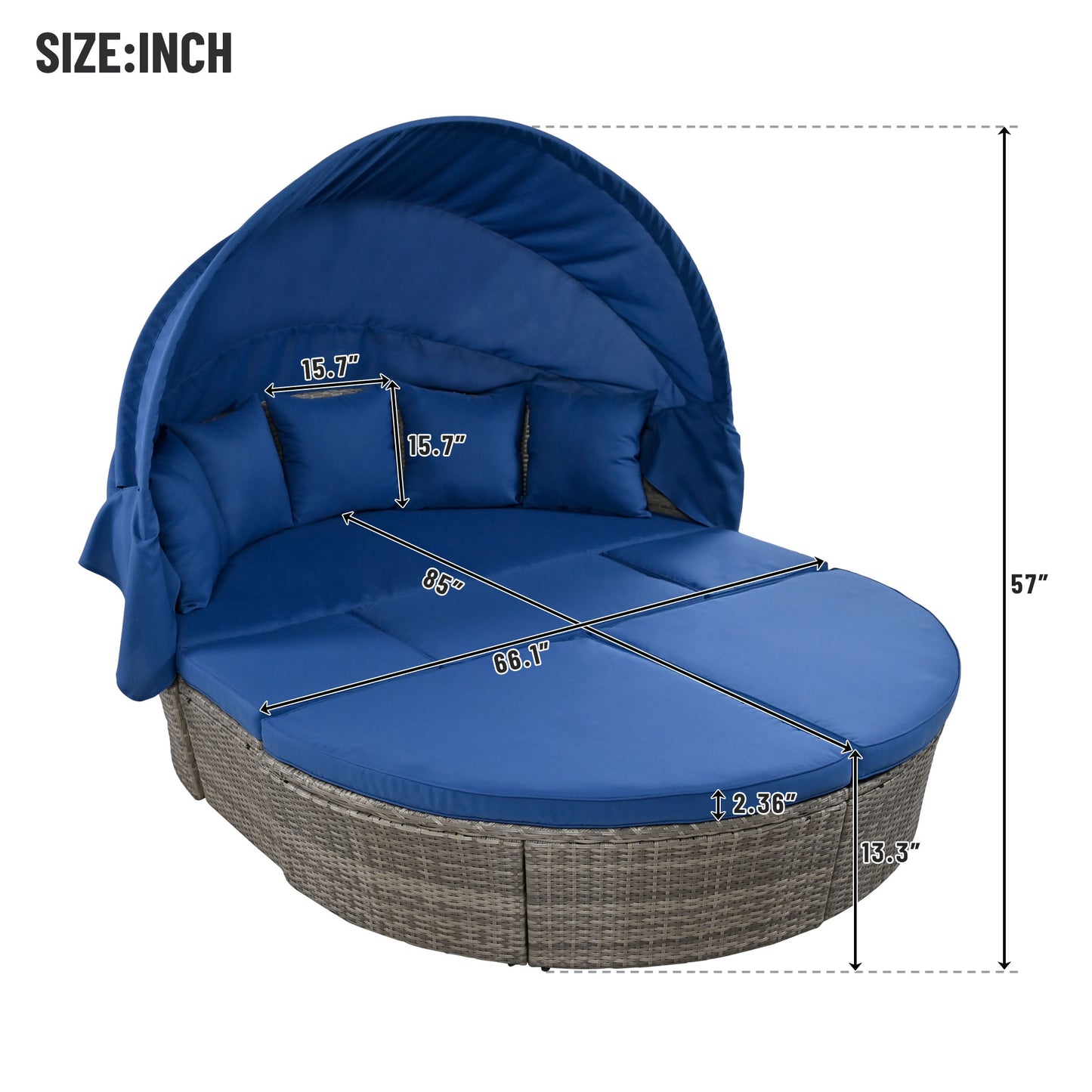 Melysen Outdoor rattan daybed sunbed with Retractable Canopy Wicker Furniture, Round Outdoor Sectional Sofa Set, Gray Wicker Furniture Clamshell Seating with Washable Cushions, Backyard, Porch, Blue