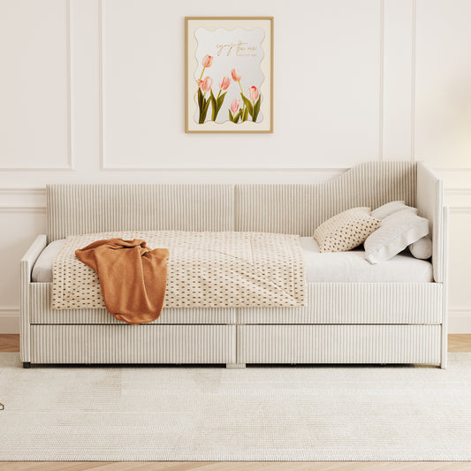 Melysen Twin Size L-Shaped Corduroy Daybed,Upholstered Bed Frame with  2 Storage Drawers