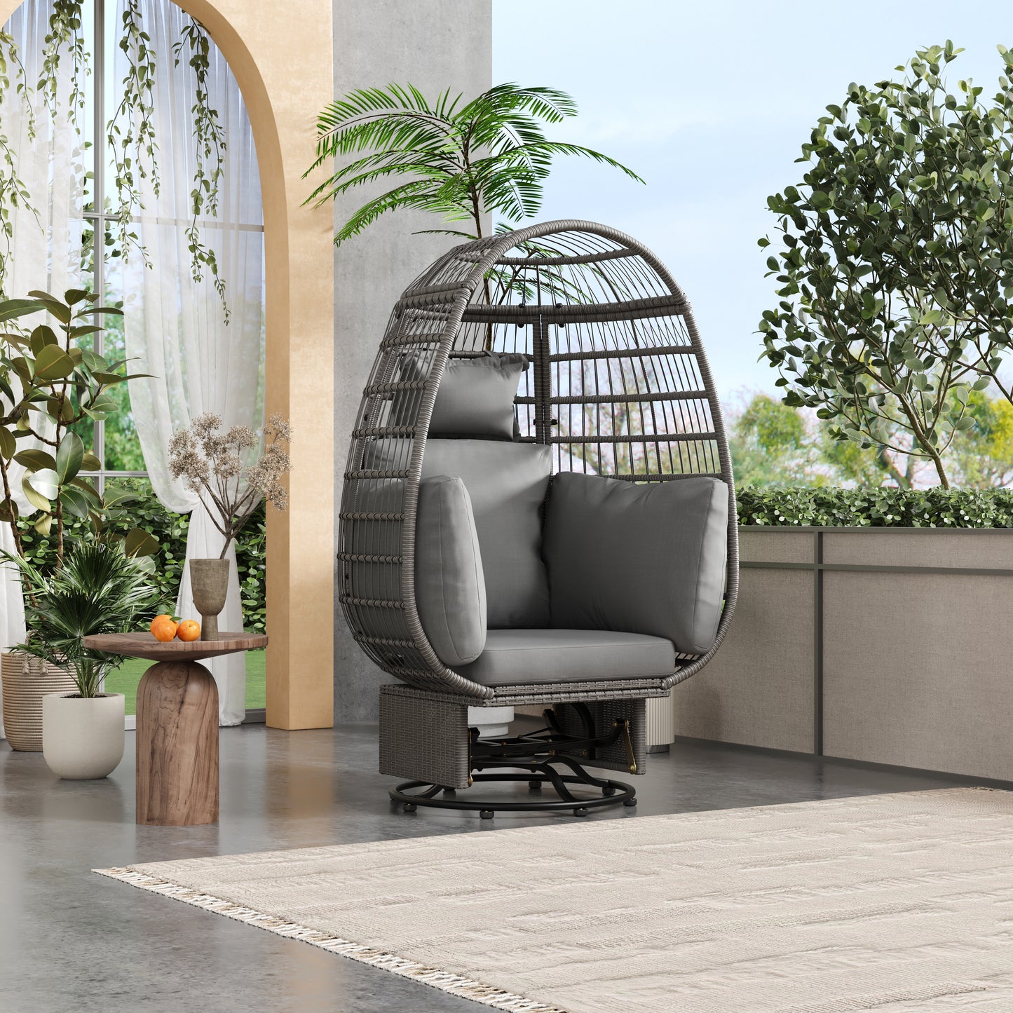 Melysen Outdoor Swivel Chair with Cushions, Rattan Egg Patio Chair with Rocking Function for Balcony, Poolside and Garden (Grey Wicker + Grey Cushion)