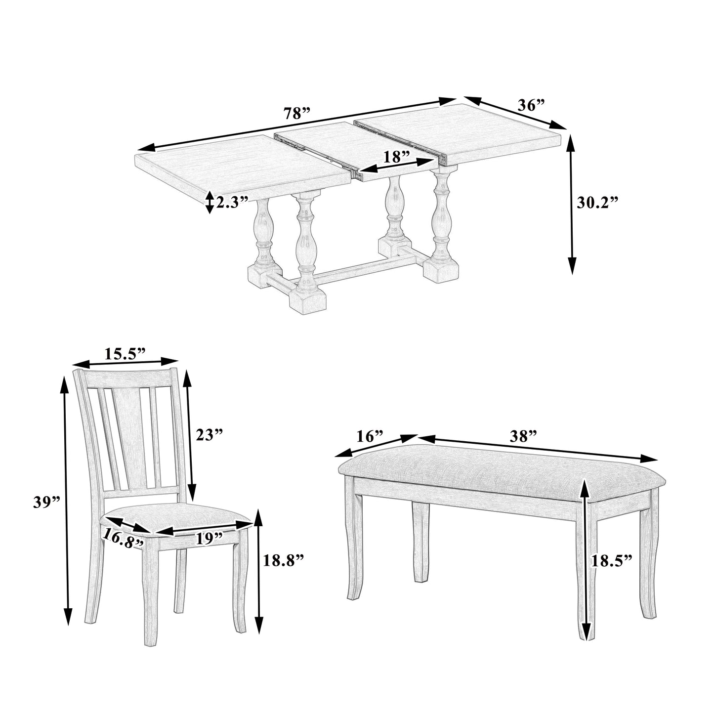 Melysen Traditional 6-Piece 78inch Trestle Extendable Dining Table Set with One 18inch Removable Leaf, Padded Dining Chairs and Bench