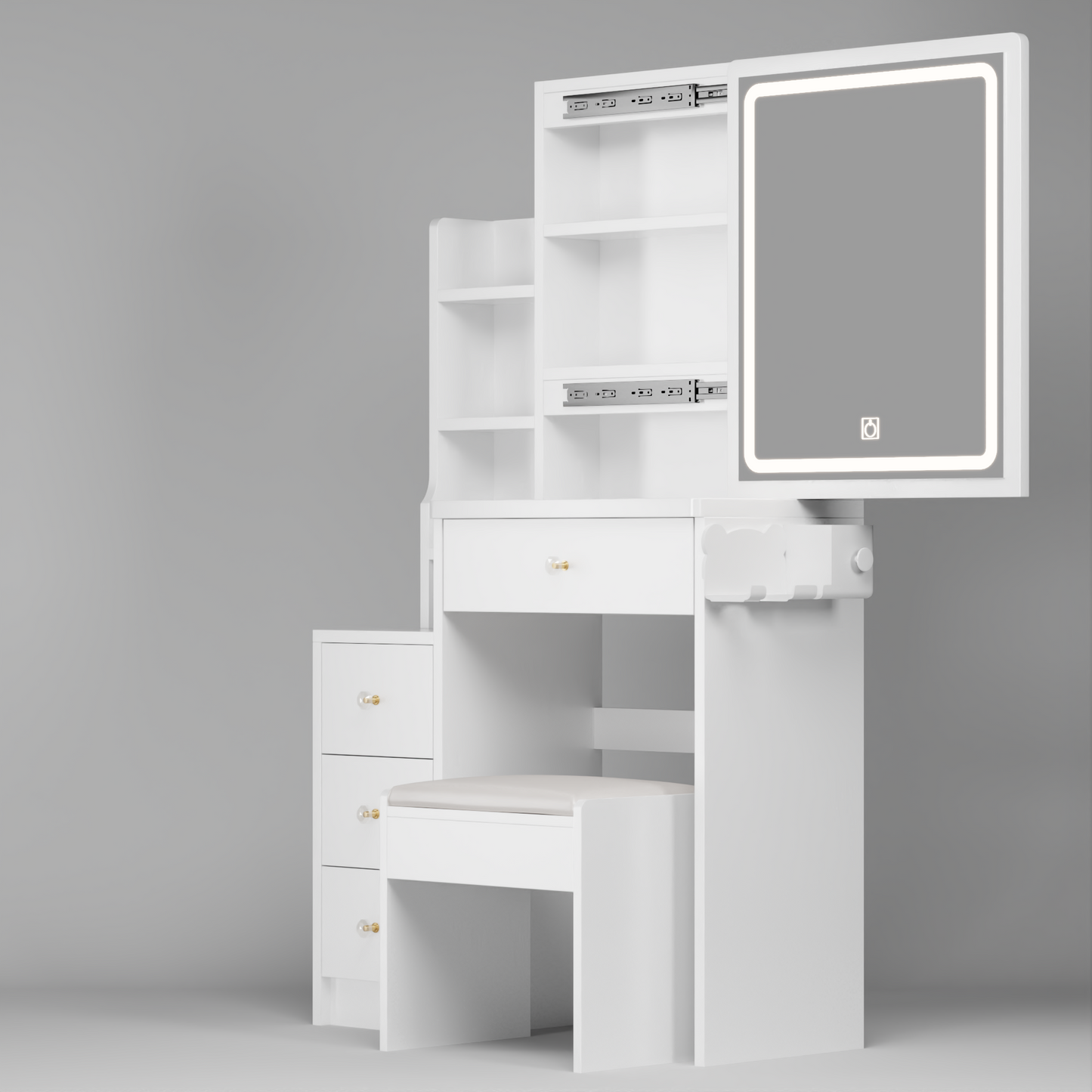 Melysen Left Bedside Cabinet Vanity Table + Cushioned Stool, Extra large Sliding mirror, Multi Layer High Capacity Storage, Left Bedside Cabinet, Practical Fashionable Dresser, Modern Makeup Furniture,White