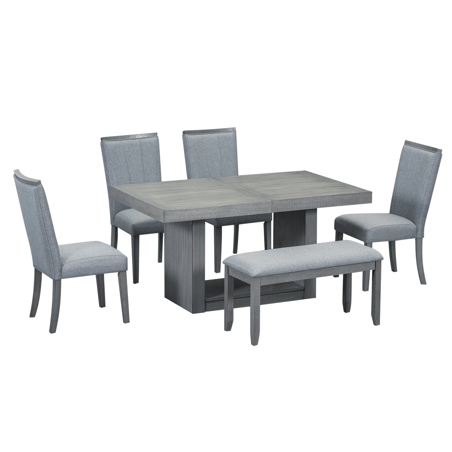 Melysen Contemporary 6-Piece 78inch Extendable Pedestal Dining Table Set with 18inch Removable Leaf and Dining Bench, 4 Upholstered Dining Chairs,Gray