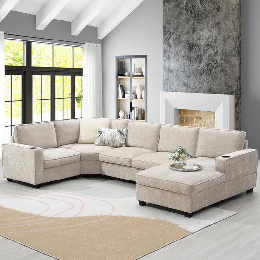 Melysen 119*67" U Shaped Sectional Sofa,6 Seat Chenille Couch Set with Oversized Chaise Lounge,Irregular Corner,Deep Seat Comfy Sofa with Cup Holders for Living Room,Apartment,2 Colors