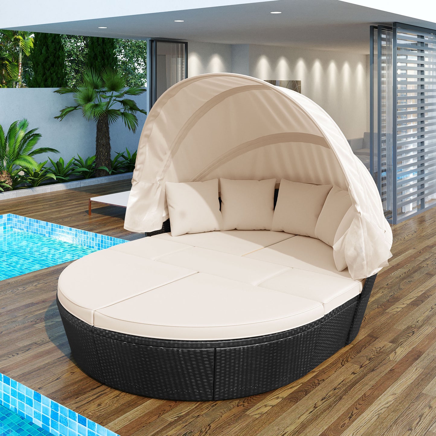 Melysen Outdoor rattan daybed sunbed with Retractable Canopy Wicker Furniture, Round Outdoor Sectional Sofa Set, black Wicker Furniture Clamshell Seating with Washable Cushions, Backyard, Porch, Beige