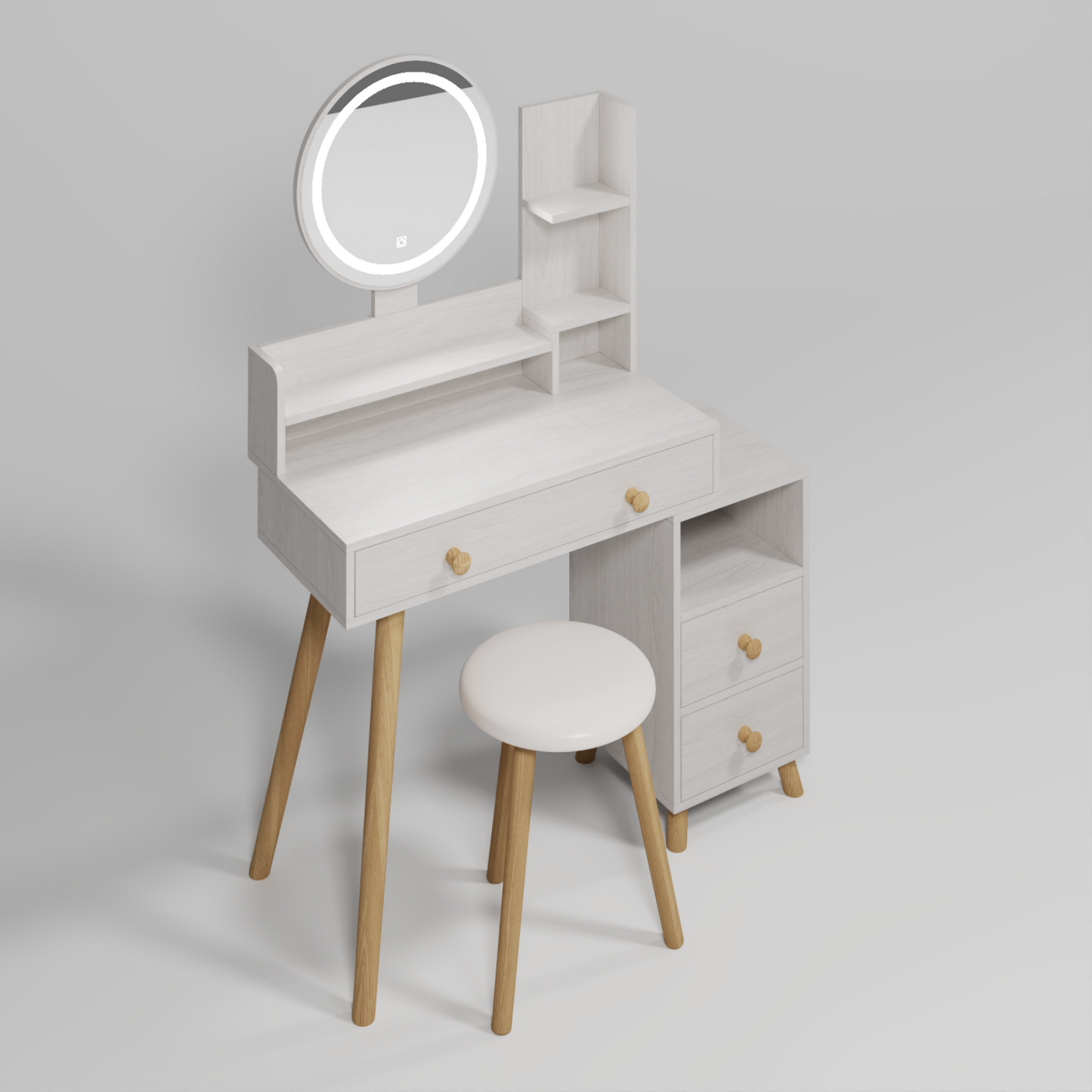 Melysen Round Mirror Bedside Cabinet Vanity Table + Cushioned Stool, With 2 AC Power + 2 USB socket, 17" diameter LED Mirror, Touch Control, 3-color, Brightness adjustable, Large desktop, Multi-layer Storage,White Oak