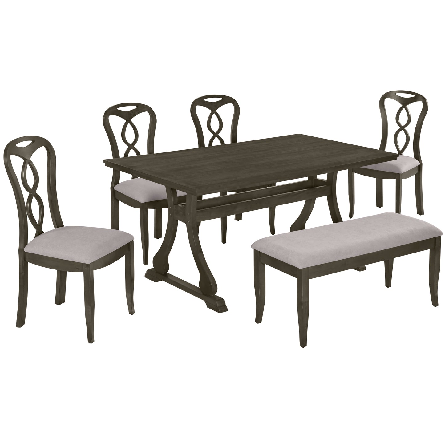 Melysen Retro 6-Piece Trestle Dining Table Set with Upholstered Dining Chairs and Dining Bench, Smooth Dining Backs for Dining Room, Living Room, Kitchen