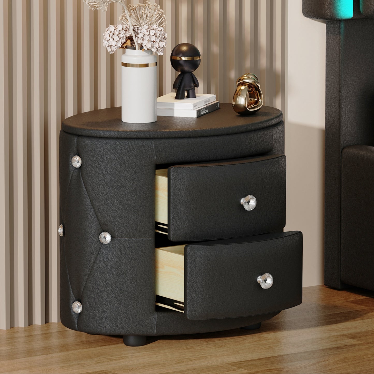 Melysen Elegant PU Nightstand with 2 Drawers and Crystal Handle,Fully Assembled Except Legs&Handles,Storage Bedside Table,Black