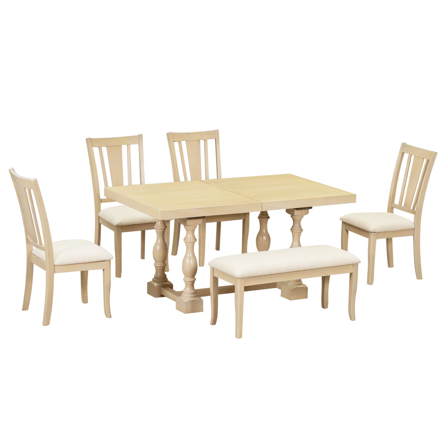 Melysen Traditional 6-Piece 78inch Trestle Extendable Dining Table Set with One 18inch Removable Leaf, Padded Dining Chairs and Bench