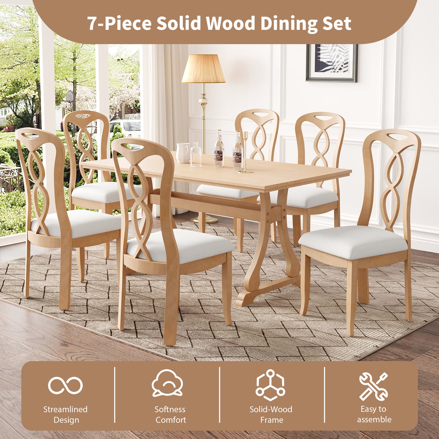 Melysen Retro 7-Piece Trestle Dining Table Set with Upholstered Dining Chairs, Smooth Dining Backs for Dining Room, Living Room, Kitchen