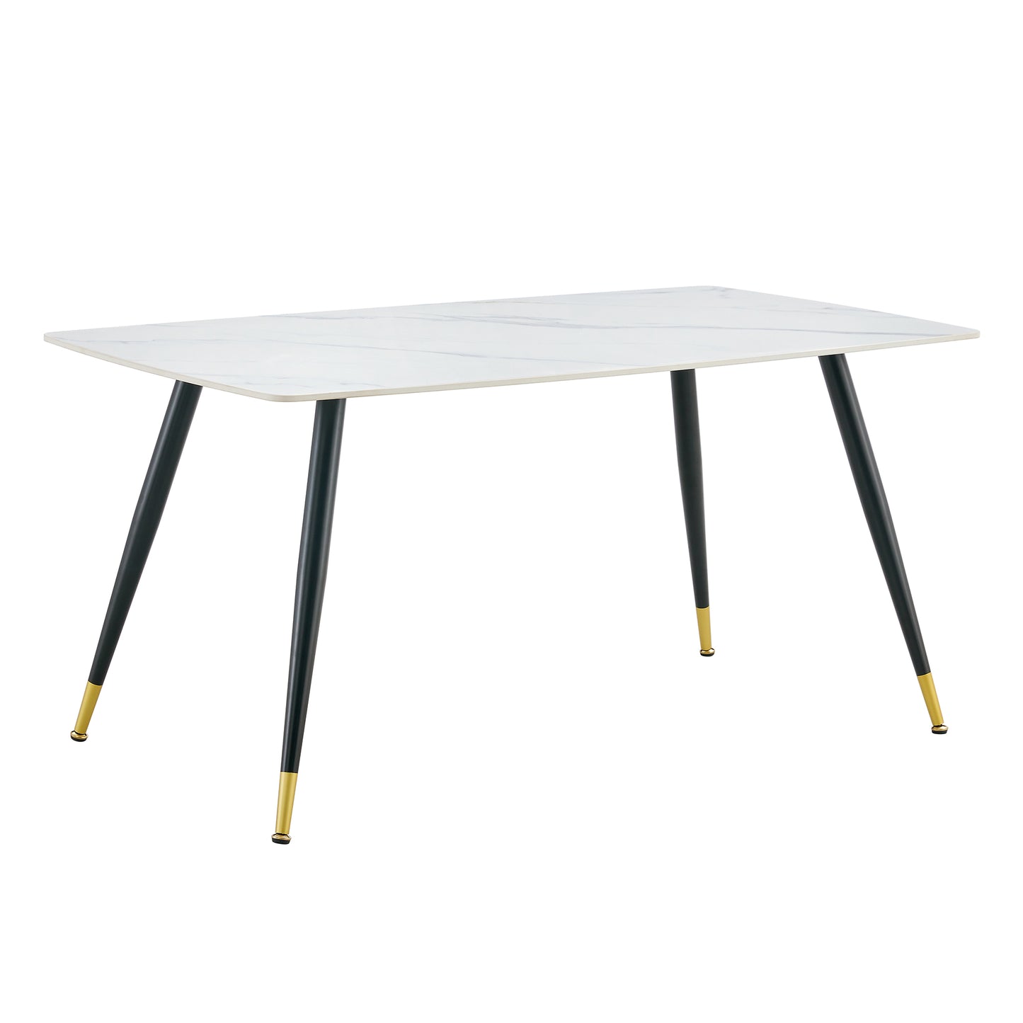 Melysen Modern Minimalist Dining Table. White Imitation Marble Pattern Sintered Stone Desktop with Black Metal Legs