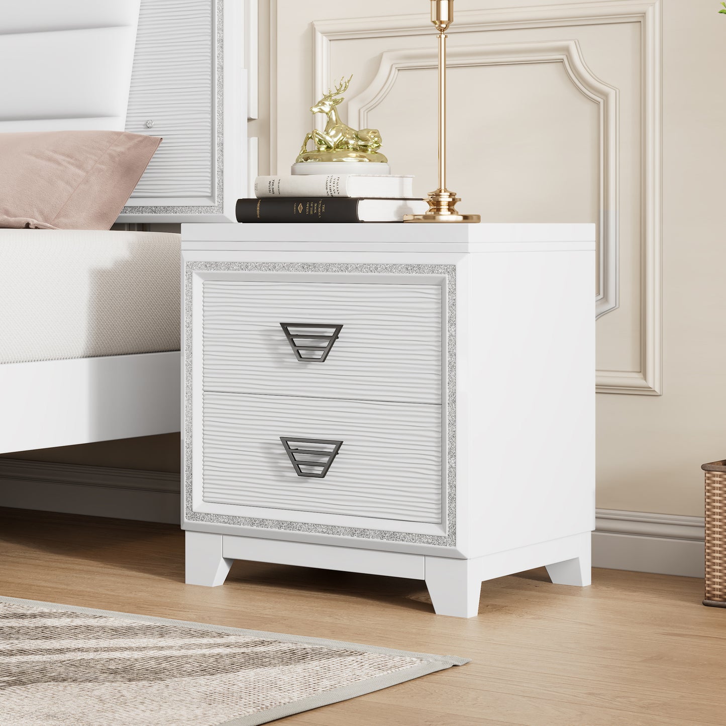 Melysen Elegant Nightstand with Metal Handle and Sparkling Shiny Decoration, Bedside Table with 2 Drawers for Bedroom, Living Room