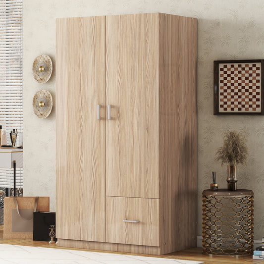 Melysen Wooden Wardrobe with Double Doors, Armoire with Hanging Rod, 5 Fixed Shelves, One Storage Drawer