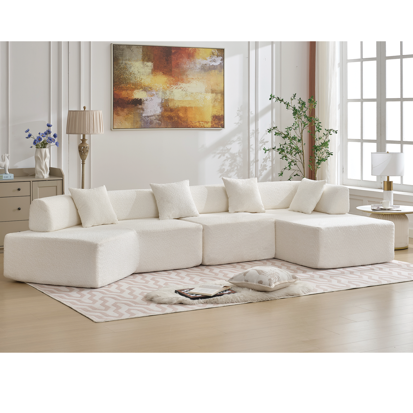 Melysen Modern Minimalist 140" L-Shape Couch,No Assembly Required,Boucle,Modular Sofa,Couch with Chaise,Free Combination Foam-Filled Sofa,4 Seats