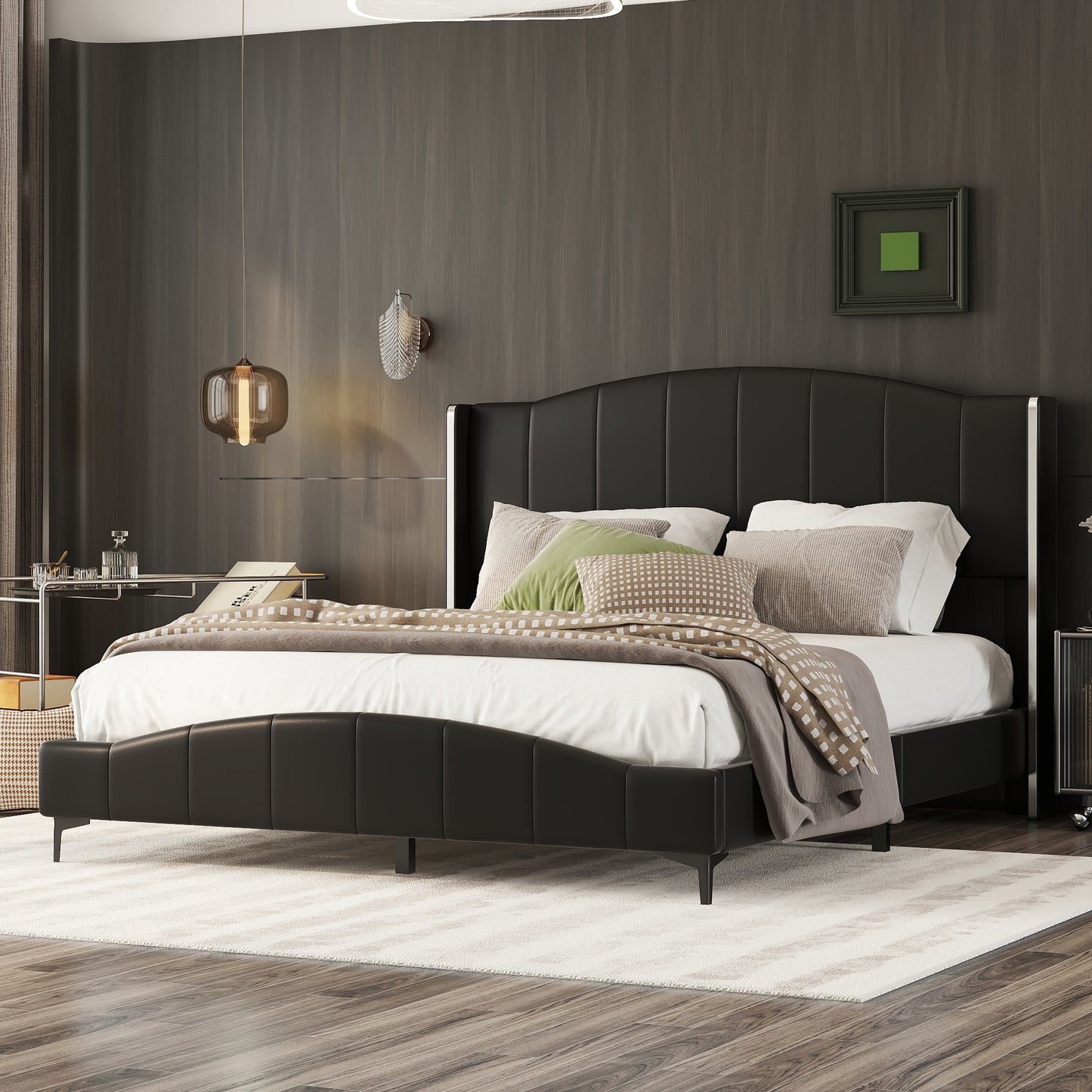 Melysen Queen Size PU Leather Upholstered Platform Bed, Headboard with Wingback and Metal Bar Accents