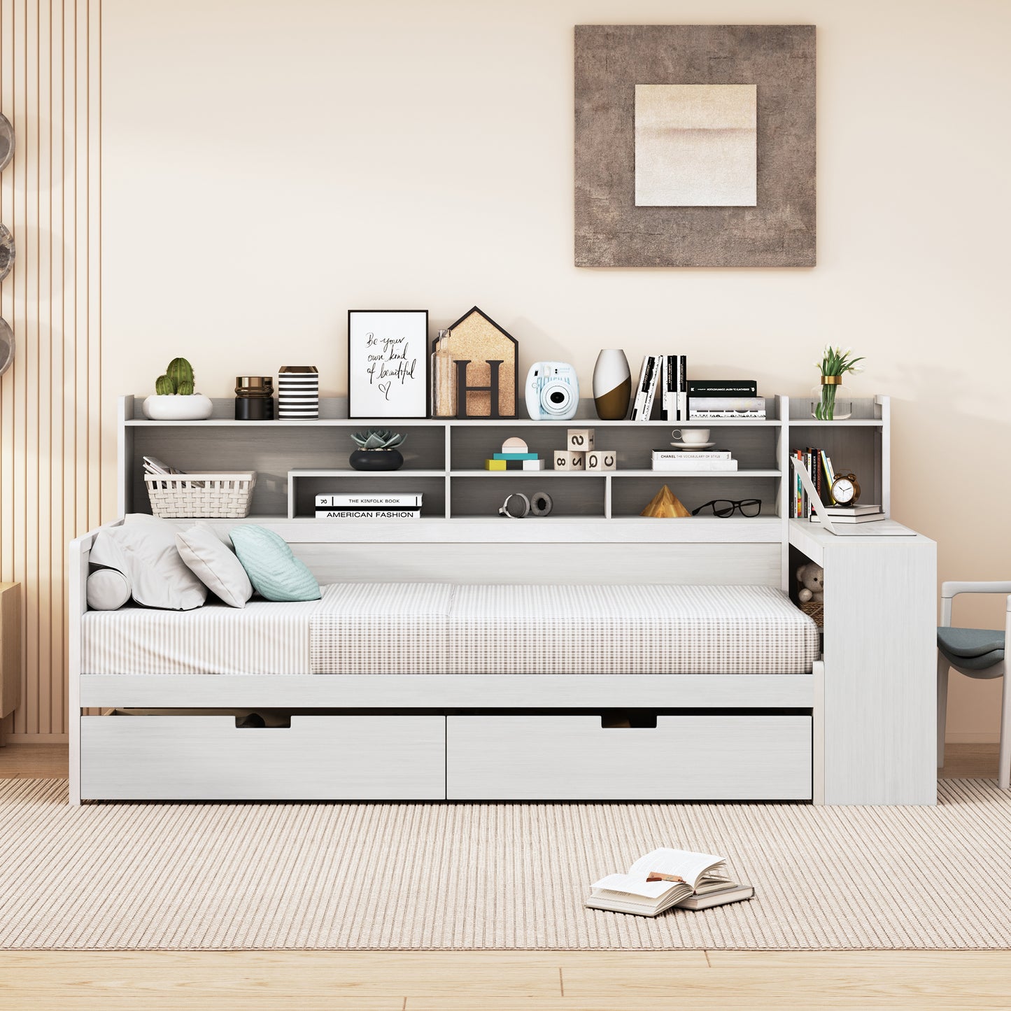 Melysen Wooden Twin Size Daybed with Storage Shelves, Multi-functional Bed with Two Storage Drawers and  Study Desk