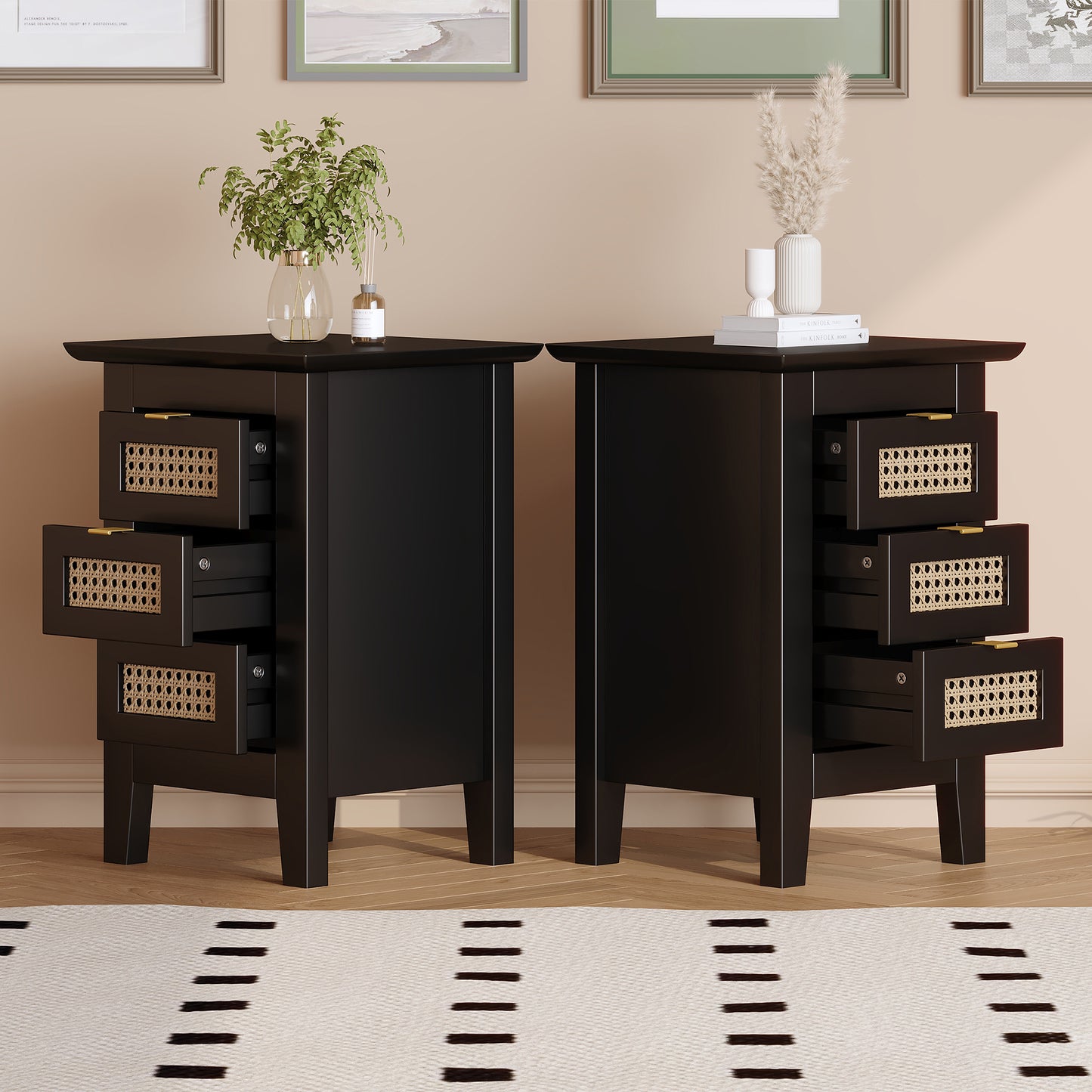 Melysen Wooden Nightstands Set of 2 with Rattan-Woven Surfaces and Three Drawers, Exquisite Elegance with Natural Storage Solutions for Bedroom