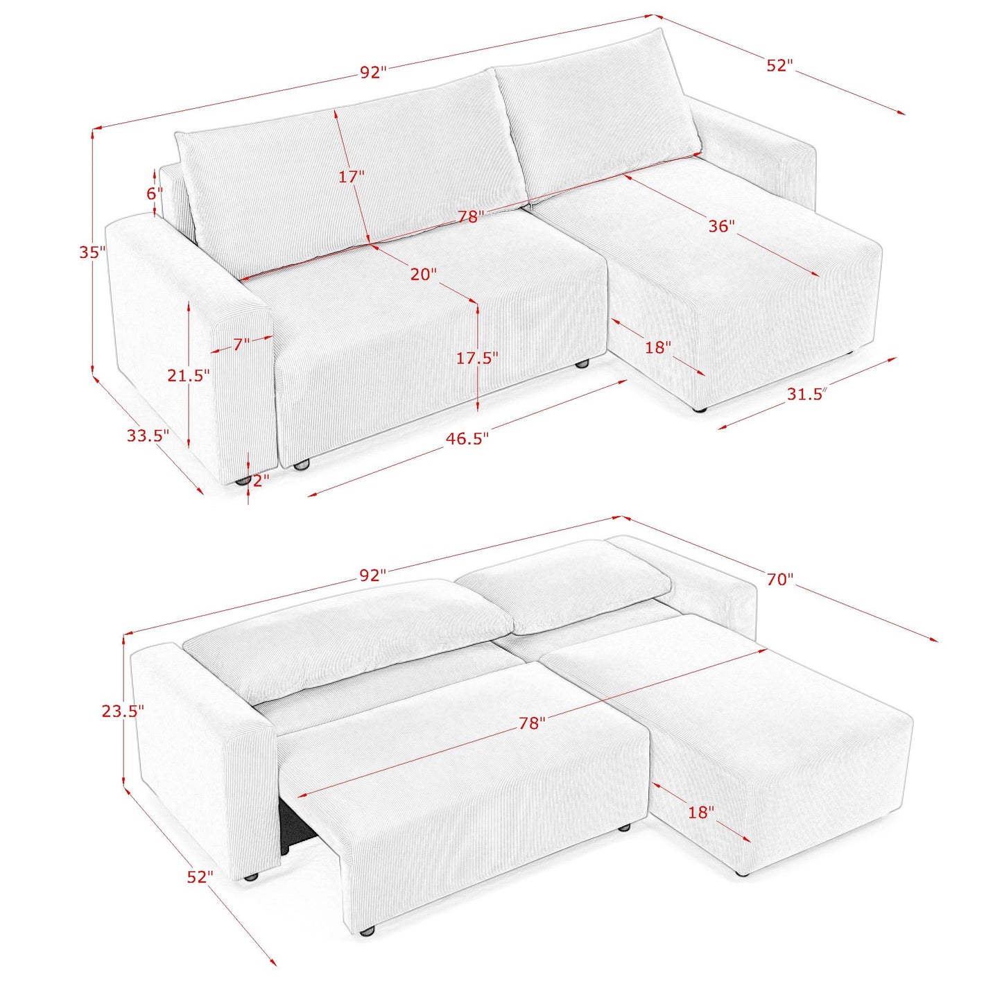 Melysen Modular Corduroy Upholstered 3 Seater Sofa Bed with Storage for Home Apartment Office Living Room£¬Free Combination£¬L Shaped