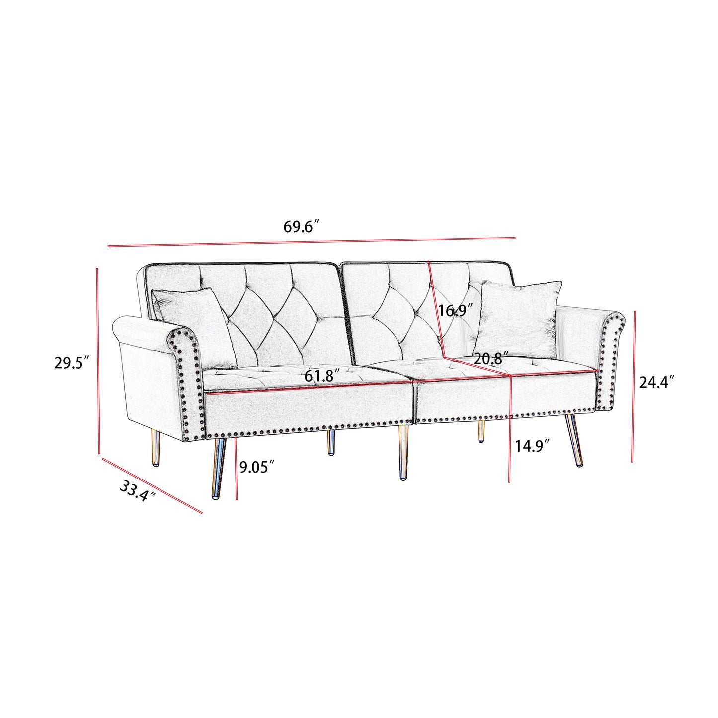 Melysen Velvet Tufted Sofa Couch With 2 Pillows And Nailhead Trim