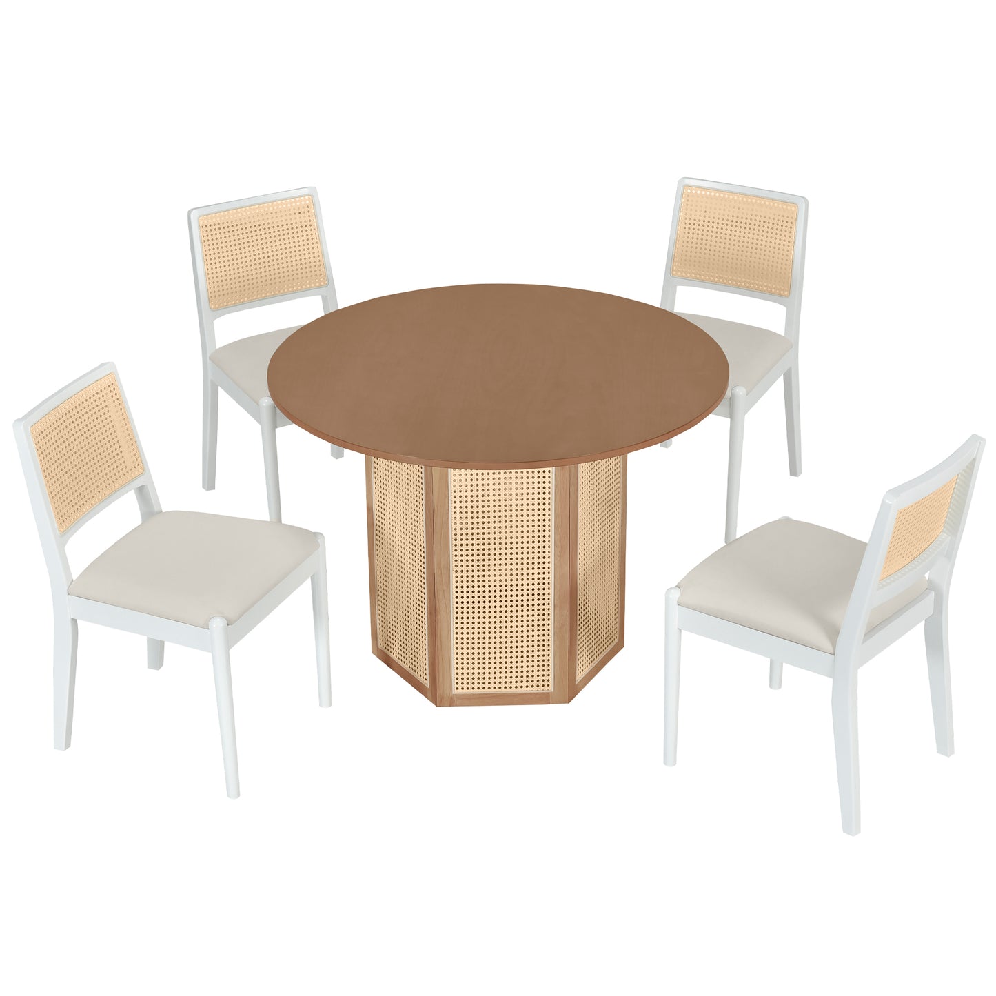 Melysen 5-Piece Rattan Round Dining Table Set, Wood Table with Hexagonal Base and Upholstered Chairs for Dining Room, Kitchen,Indoor Use