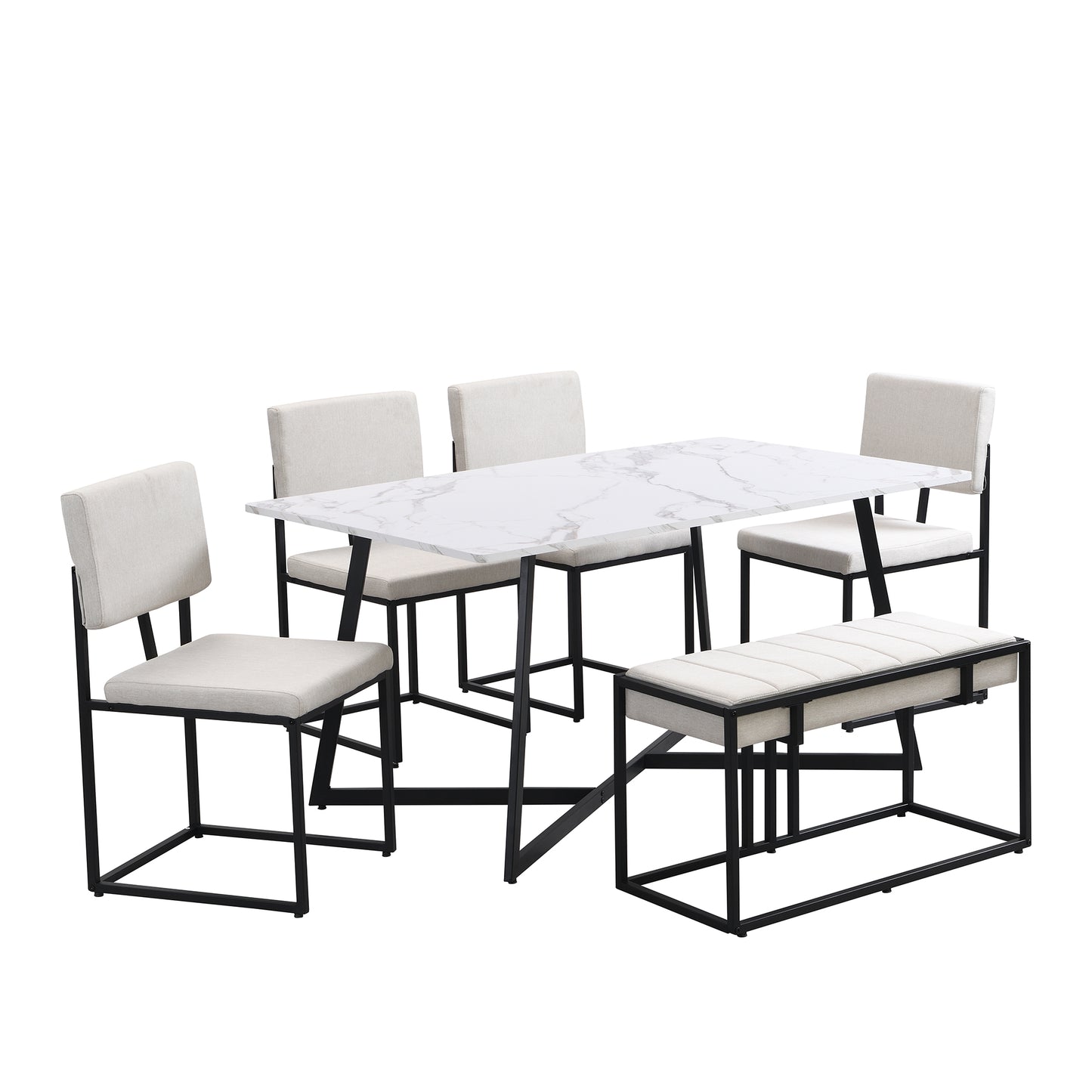 Melysen Modern Faux Marble 6-Piece Dining Table Set,60inch Metal Kitchen Table Set with Upholstered Dining Chairs and Bench