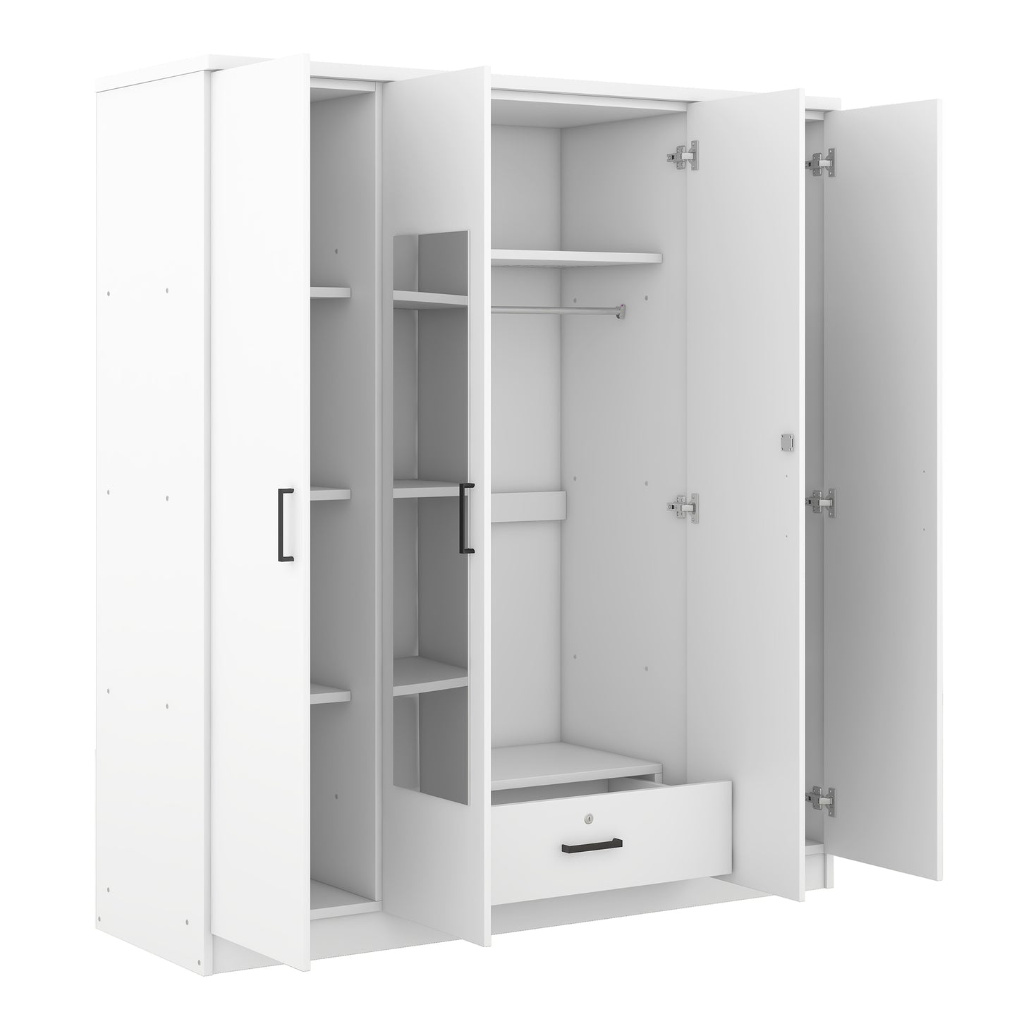 Melysen 4-Door Mirror Wardrobe with shelves, White