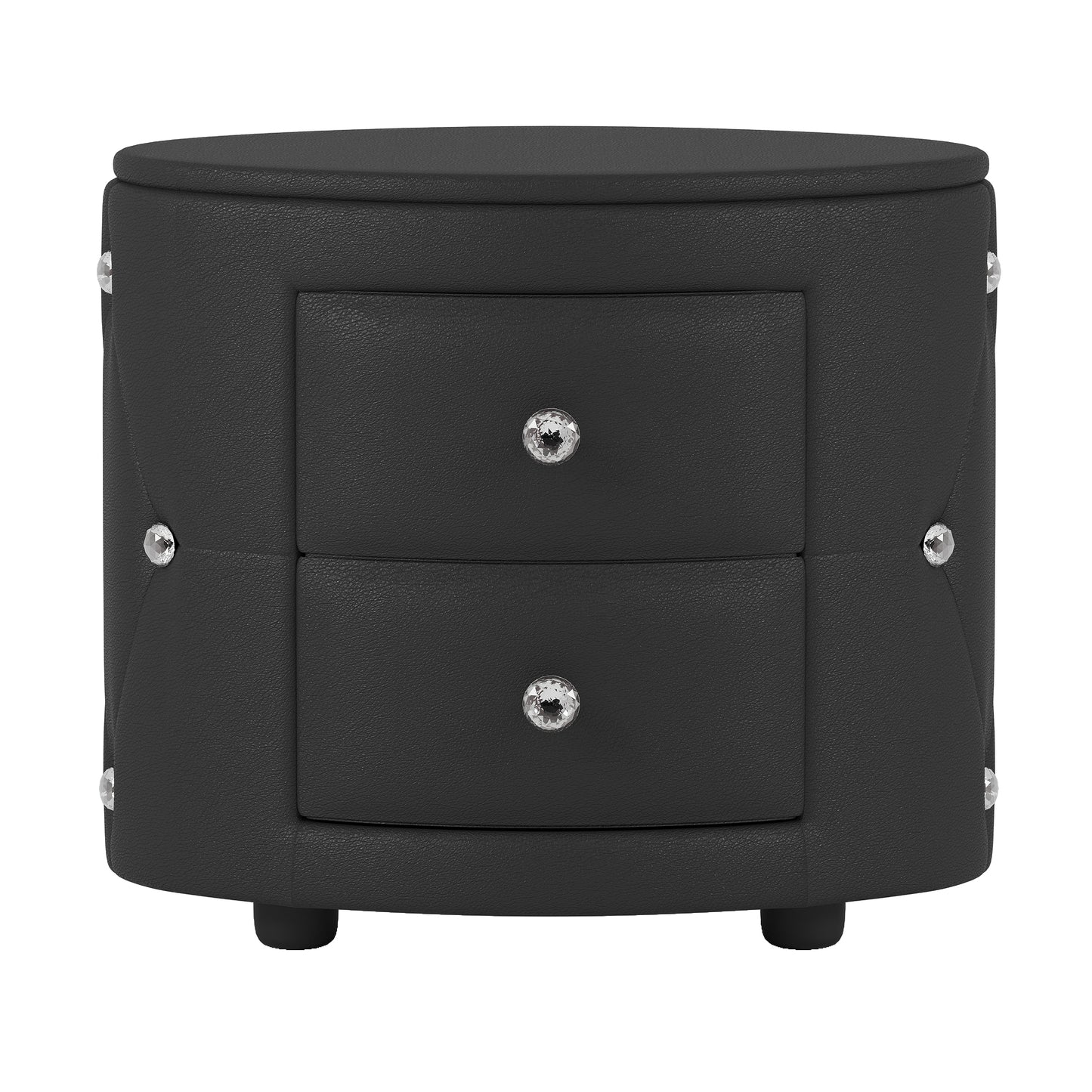 Melysen Elegant PU Nightstand with 2 Drawers and Crystal Handle,Fully Assembled Except Legs&Handles,Storage Bedside Table,Black