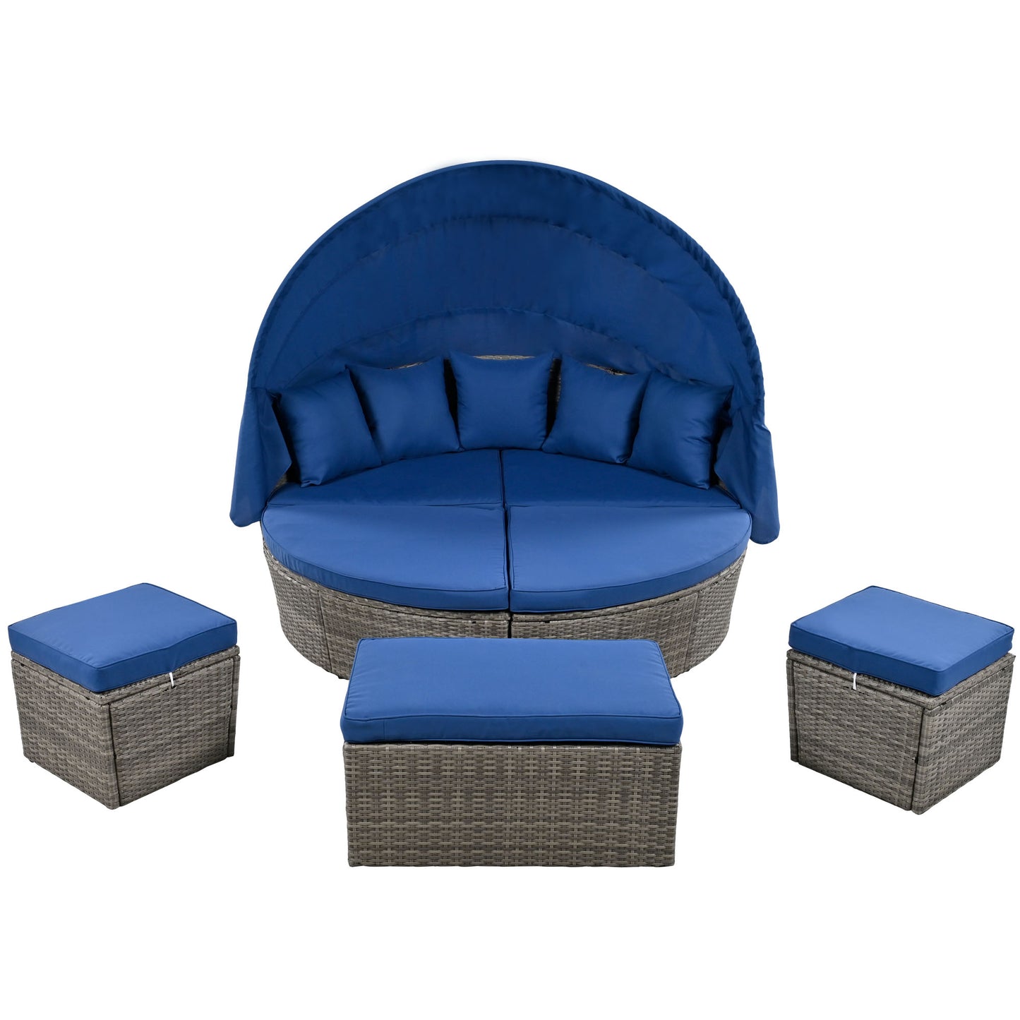 Melysen Outdoor rattan daybed sunbed with Retractable Canopy Wicker Furniture, Round Outdoor Sectional Sofa Set, Gray Wicker Furniture Clamshell Seating with Washable Cushions, Backyard, Porch, Blue