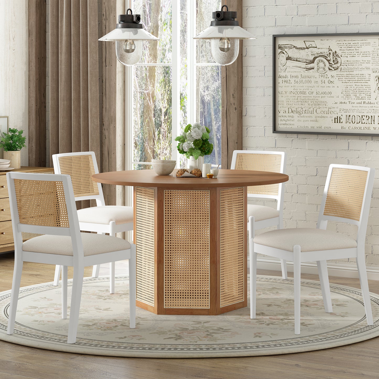 Melysen 5-Piece Rattan Round Dining Table Set, Wood Table with Hexagonal Base and Upholstered Chairs for Dining Room, Kitchen,Indoor Use