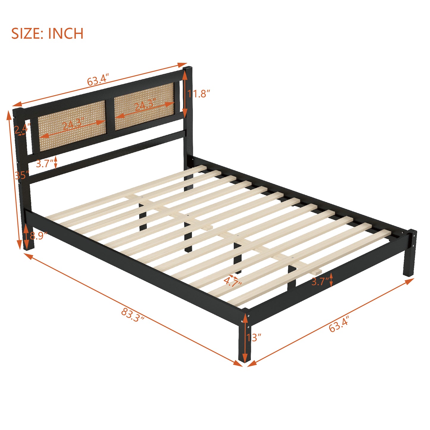 Melysen Queen Size Wood Platform Bed with Natural Rattan Headboard,Exquisite Elegance with Minimalist Charm for Bedroom