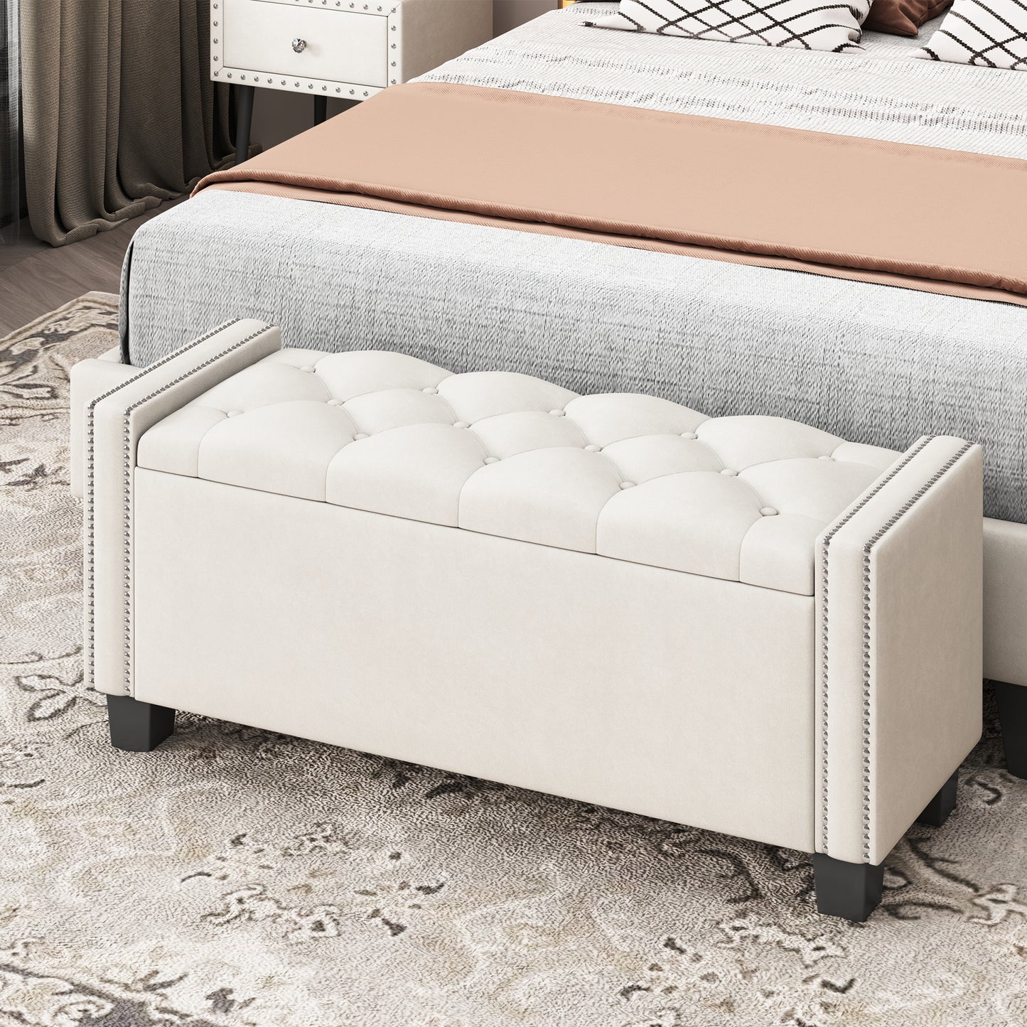 Melysen Upholstered Velvet Storage Ottoman Bench for Bedroom, End of Bed Bench with Rivet Design, Tufted Foot Rest Stool