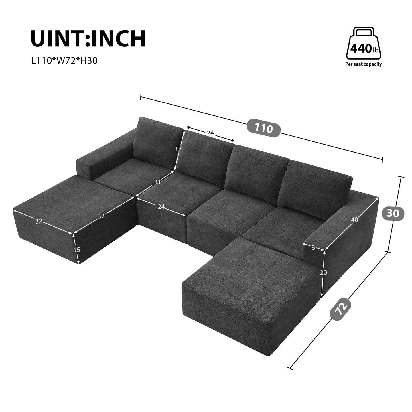 Melysen 110*72" Modular U Shaped Sectional Sofa,Luxury Chenille Floor Couch Set,Upholstered Indoor Furniture,Foam-Filled Sleeper Sofa Bed for Living Room,Bedroom,Free Combination