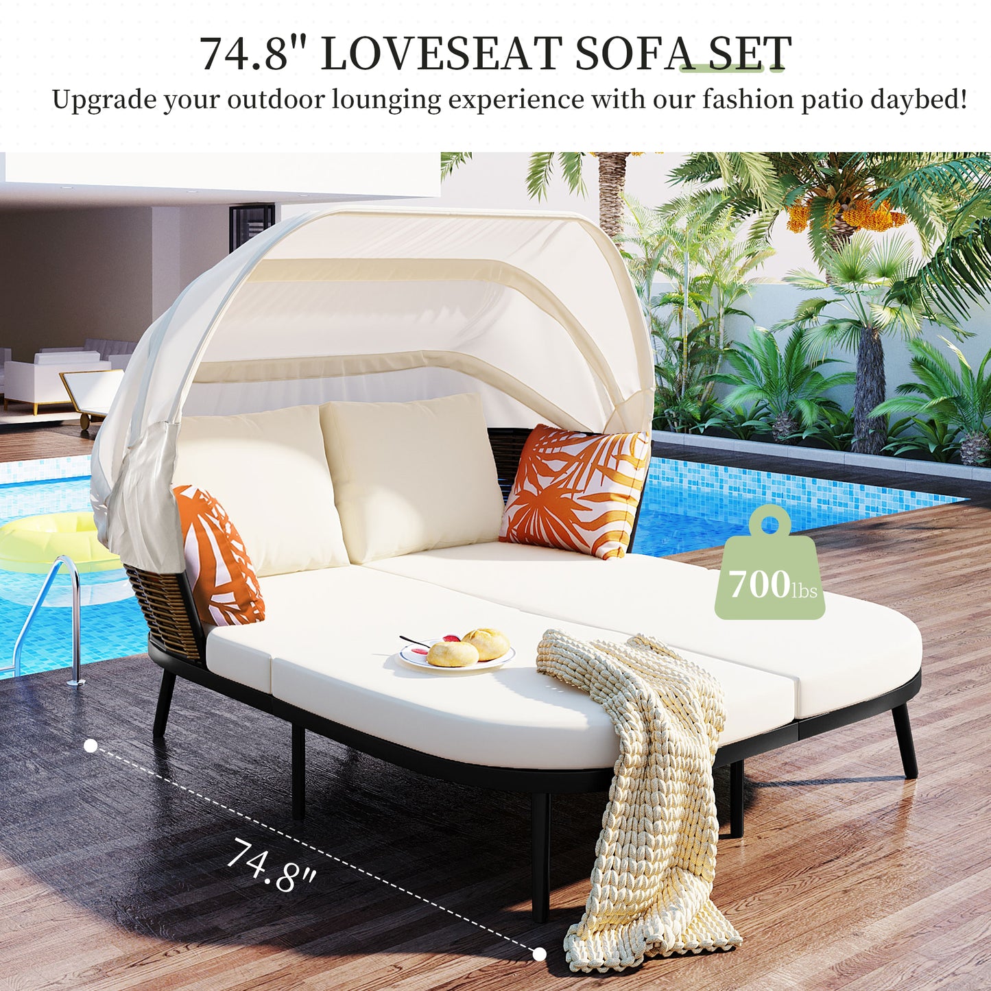 Melysen 74.8" L Patio Daybed with Retractable Canopy, Outdoor Rattan PE Wicker Back Loveseat Sofa Set with Throw Pillows and Cushions for Backyard, Poolside, Garden