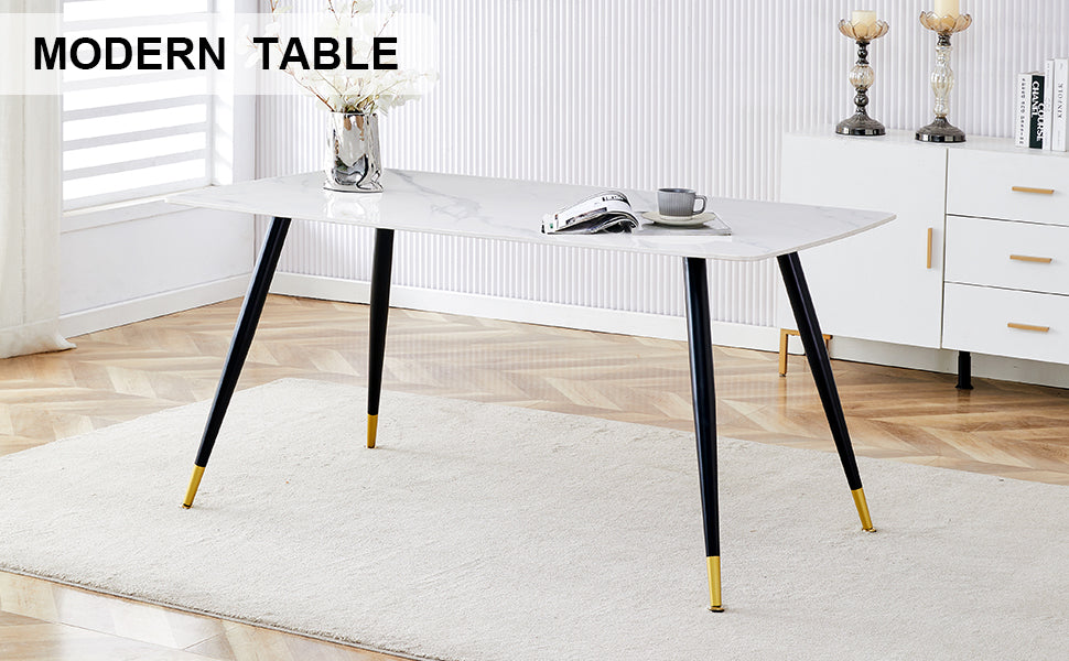 Melysen Modern Minimalist Dining Table. White Imitation Marble Pattern Sintered Stone Desktop with Black Metal Legs