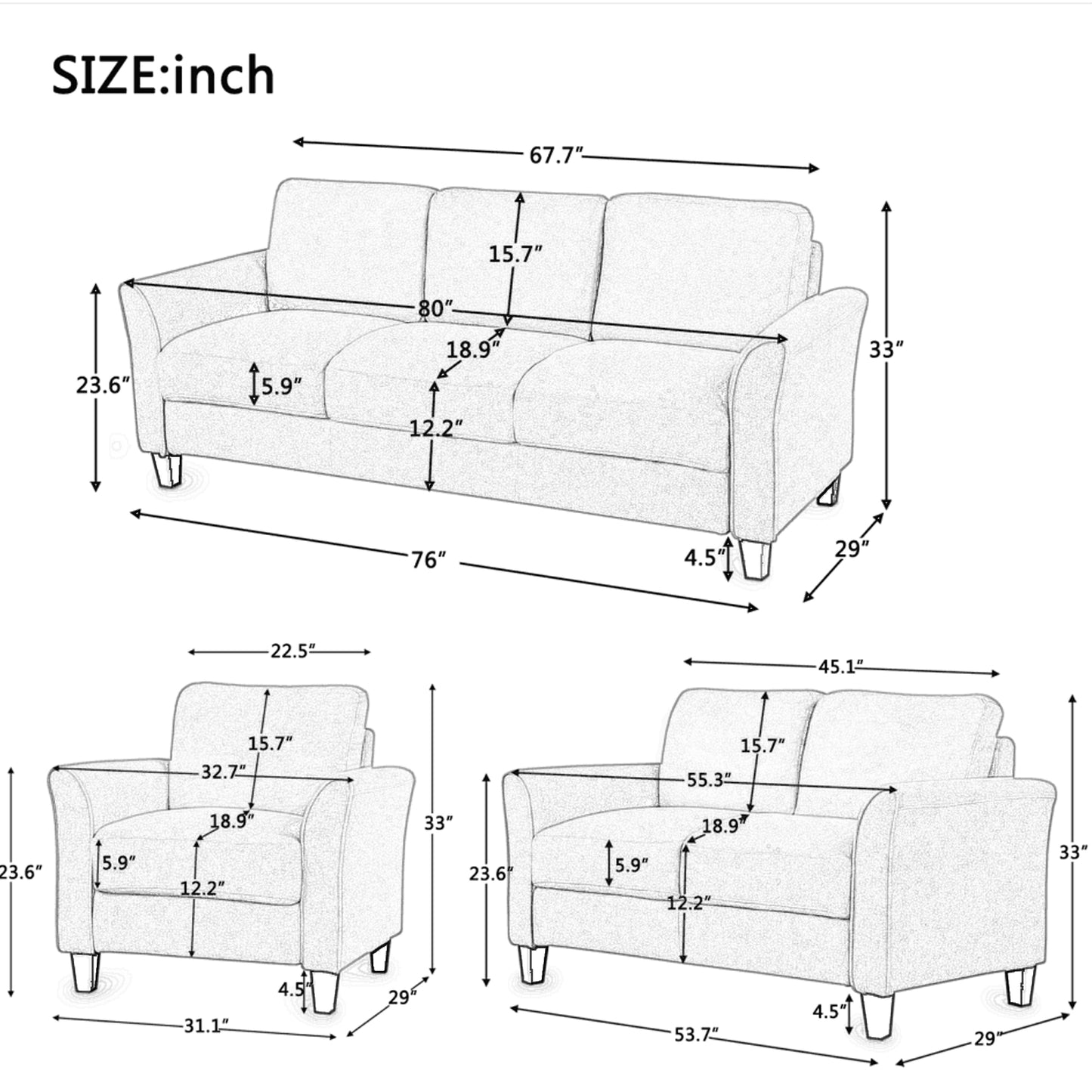 Melysen Polyester-blend 3 Pieces Sofa Set