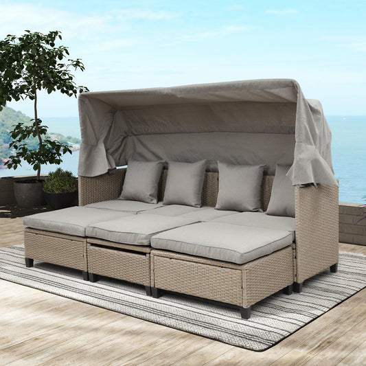 Melysen 4 Piece UV-Proof Resin Wicker Patio Sofa Set with Retractable Canopy, Cushions and Lifting Table,Brown