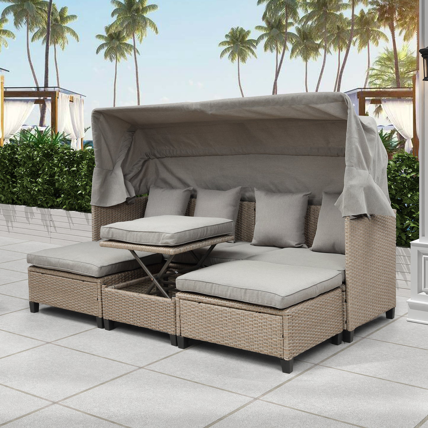 Melysen 4 Piece UV-Proof Resin Wicker Patio Sofa Set with Retractable Canopy, Cushions and Lifting Table,Brown