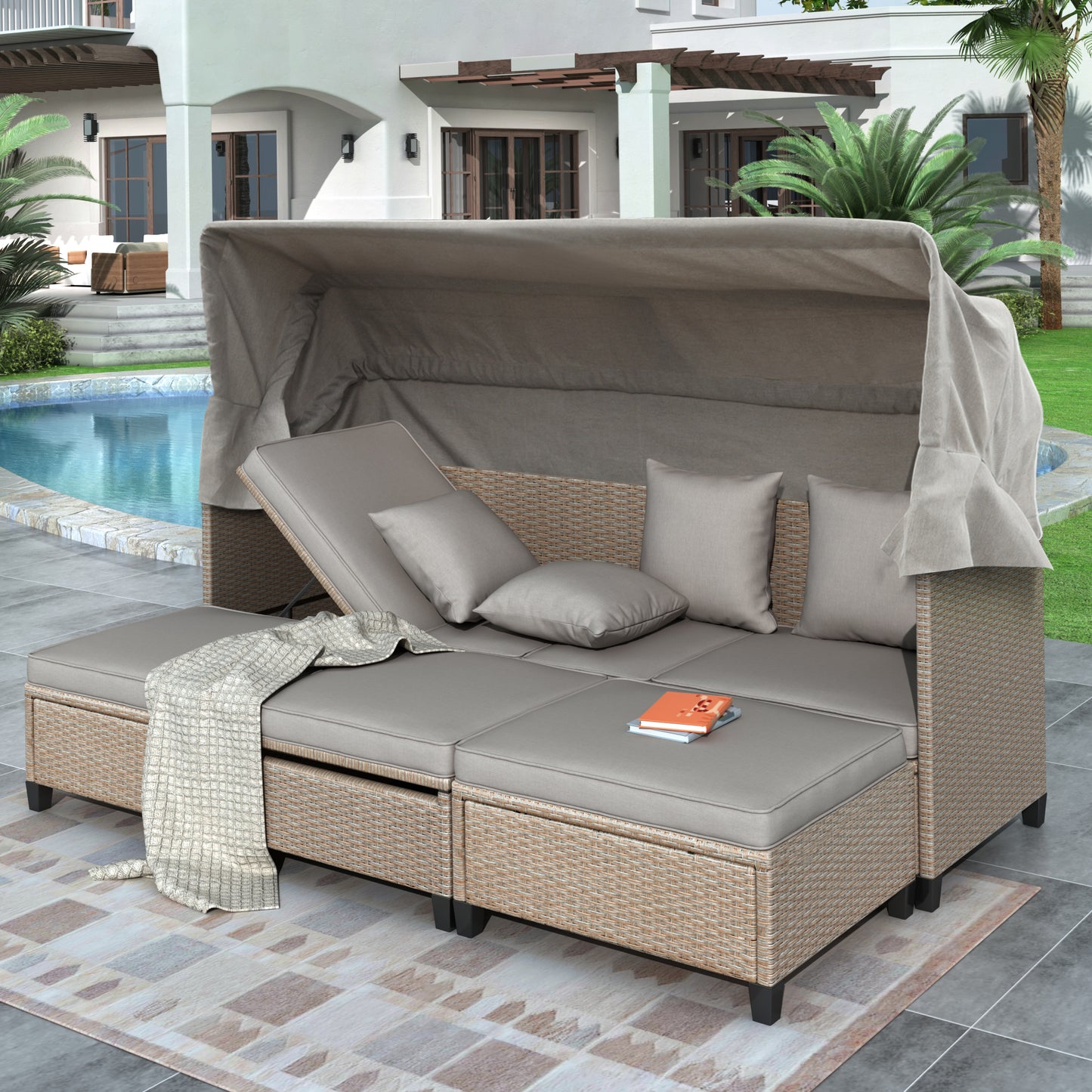 Melysen 4 Piece UV-Proof Resin Wicker Patio Sofa Set with Retractable Canopy, Cushions and Lifting Table,Brown