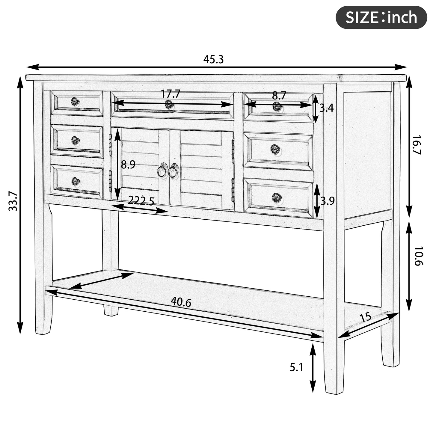 Melysen 44.5" Modern Console Table Sofa Table for Living Room with 7 Drawers, 1 Cabinet and 1 Shelf