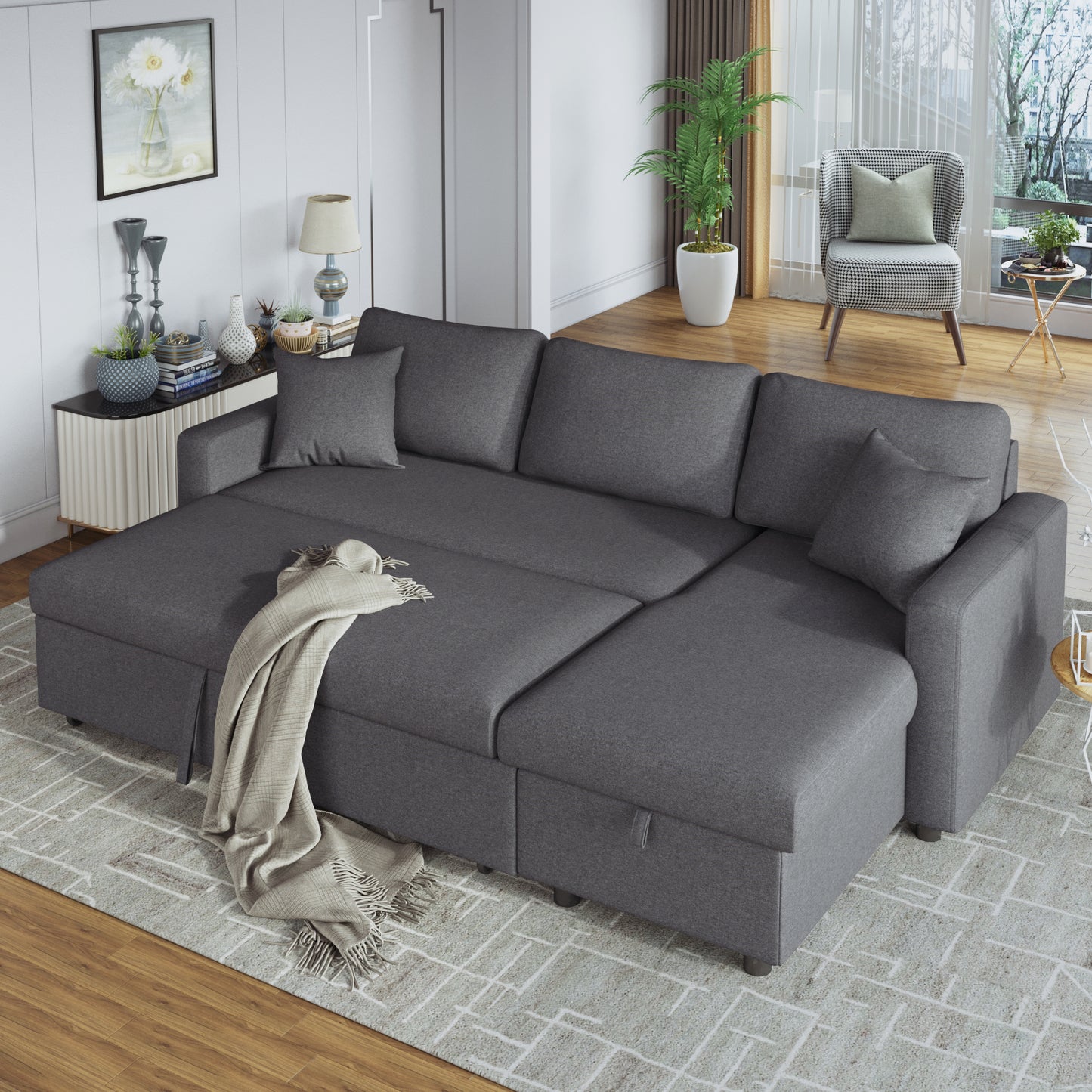 Melysen Upholstery  Sleeper Sectional Sofa Grey with Storage Space, 2 Tossing Cushions