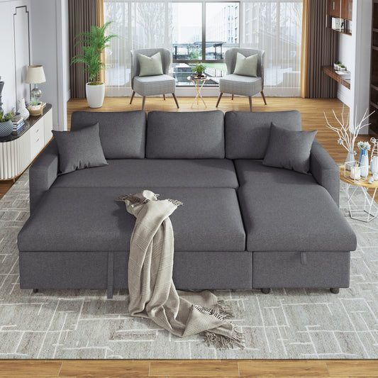 Melysen Upholstery  Sleeper Sectional Sofa Grey with Storage Space, 2 Tossing Cushions