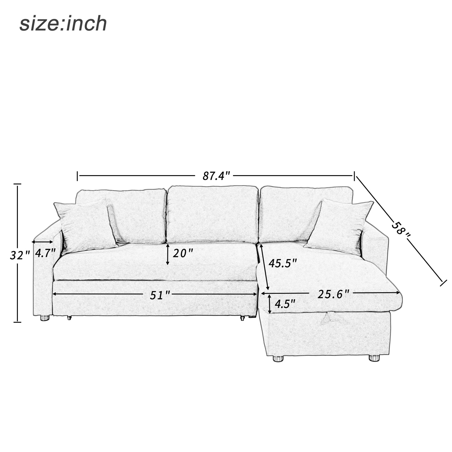 Melysen Upholstery  Sleeper Sectional Sofa Grey with Storage Space, 2 Tossing Cushions