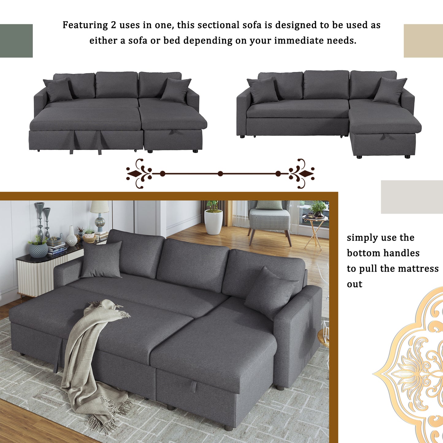 Melysen Upholstery  Sleeper Sectional Sofa Grey with Storage Space, 2 Tossing Cushions