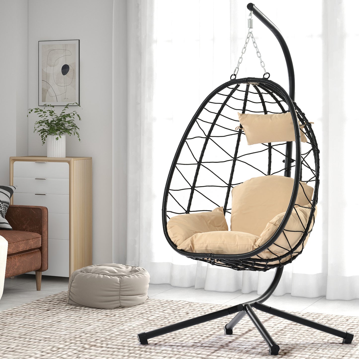 Melysen Egg Chair with Stand Indoor Outdoor Swing Chair Patio Wicker Hanging Egg Chair Hanging Basket Chair Hammock Chair with Stand for Bedroom Living Room Balcony,Beige